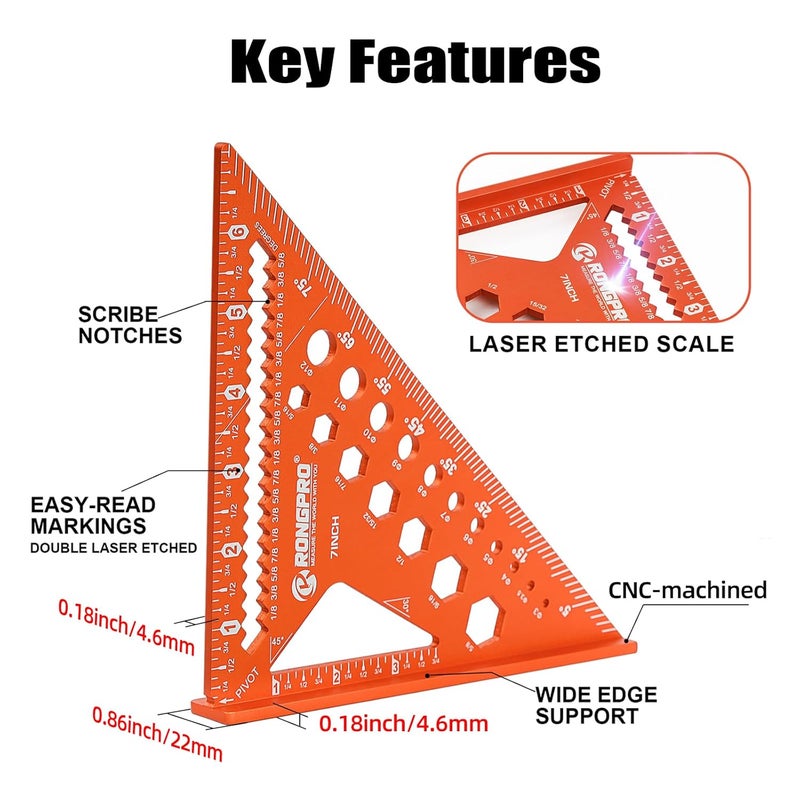 RONGPRO 6-in-1 Carpenter Square 7 inch, Aluminum Rafter Square, Multi-Purpose Carpenter Tools : Wrench, Square, Protractor, Ruler, Marking Gauge, Drill Gauge, Includes 2pcs Carpentry Pencil (Champange) - Image 2